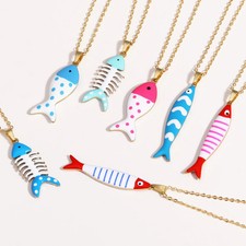 Stainless Steel Necklace Colorful Enamel Fish Pendant Gold Color Jewelry