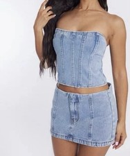 PRETTYLITTLETHING Denim Corset Top Blue Strapless Zip US12 Boned Bustier