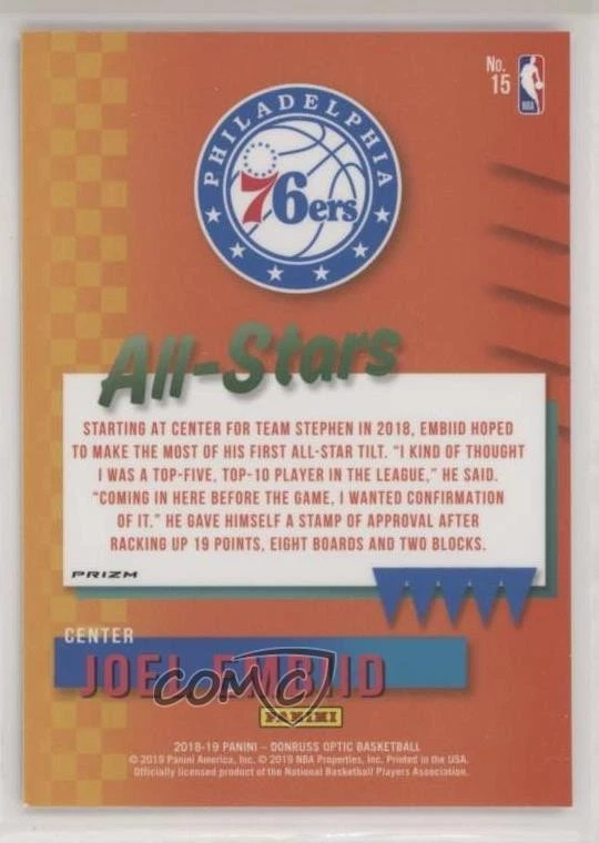 2018-19 Panini Donruss Optic All-Stars Fast Break Holo Prizm Joel Embiid #15 - Image 2 of 2