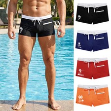 Men's Palm Tree Print Swim Trunks with Mesh Liner Zipper Pocket Summer Quick .