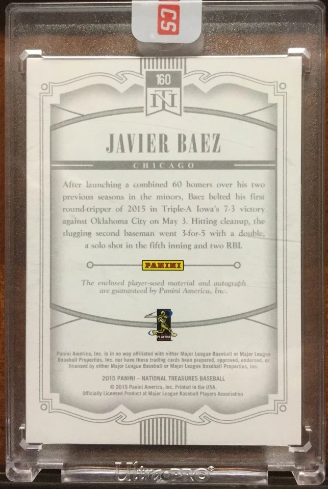 Camiseta 2015 National Treasures #160 Javier Baez Patch autografada 24/99 autógrafo controle remoto - Imagem 2 de 2