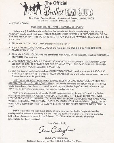 Beatles original Fan Club 1965 Subscription Renewal letter