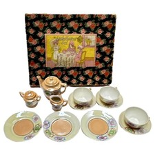 Antique 1930s Little Hostess Set Tea Service Floral Tangerine China 14 pcs Box