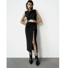 Zara High Waisted Laced Slit Skirt Black Size M New 