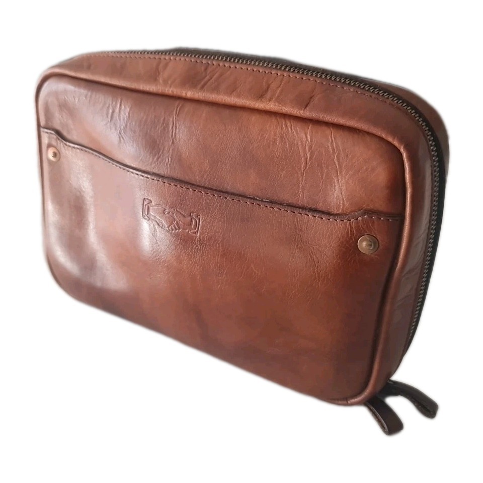 Mission Mercantile Brown leather toiletries bag for Travel Electronics Organizer