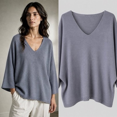 Damen Pullover Grau 36 38 40  V Neck Feinstrick Fledeermausärmel