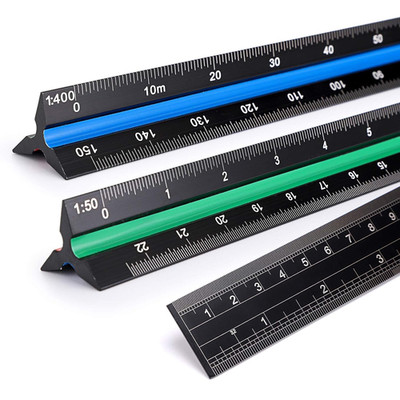 3 Pack 30CM Solid Aluminum Triangular Architect Scale Ruler Set, 3-Colors-Groove