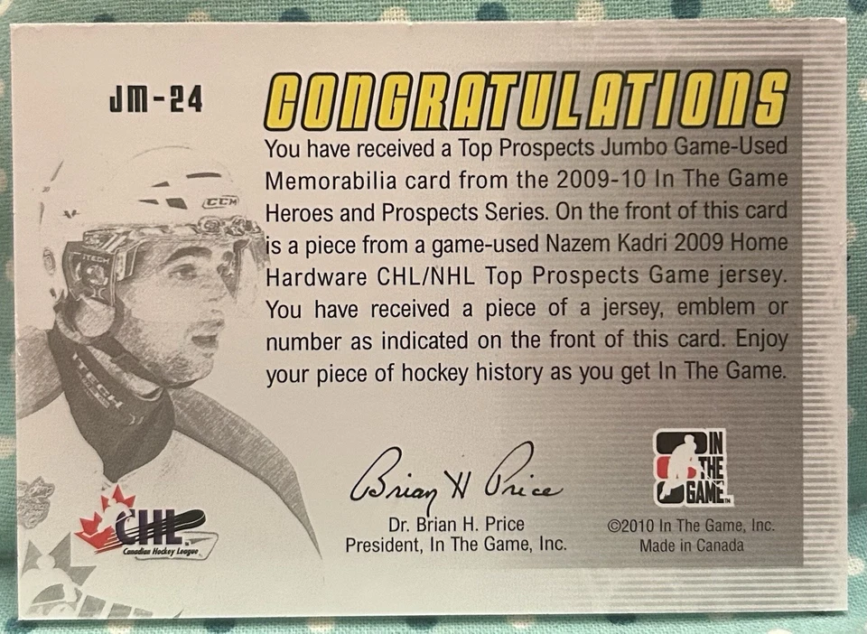 NAZEM KADRI 2009-10 In The Game Heroes & Prospects Jumbo Game-Used Jersey SILVER - Image 2 of 2