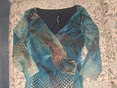 Elana Kattan Teal Animal Print Studded V-Neck Long Sleeve Short Bodycon Dress