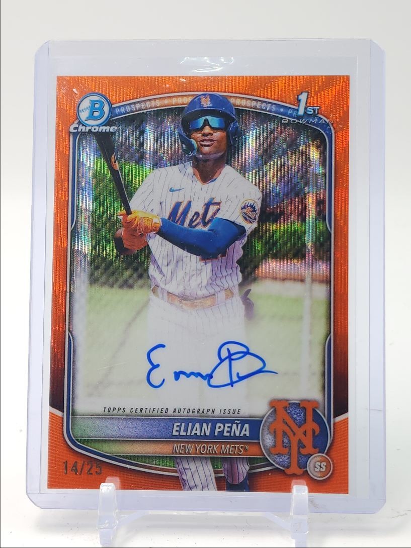 ELIAN PENA 2025 BOWMAN CHROME 1ST AUTOGRAPH ORANGE WAVE METS AUTO /25 Q4874