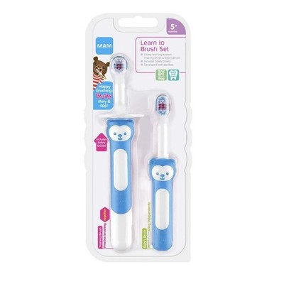 NEW MAM Blue Learn to Brush Toothbrush set for baby 5+ months Training Shield!