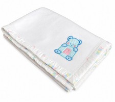 Vintage Cuddle Time White Baby Receiving Blanket Blue Teddy Bear Embroidered USA