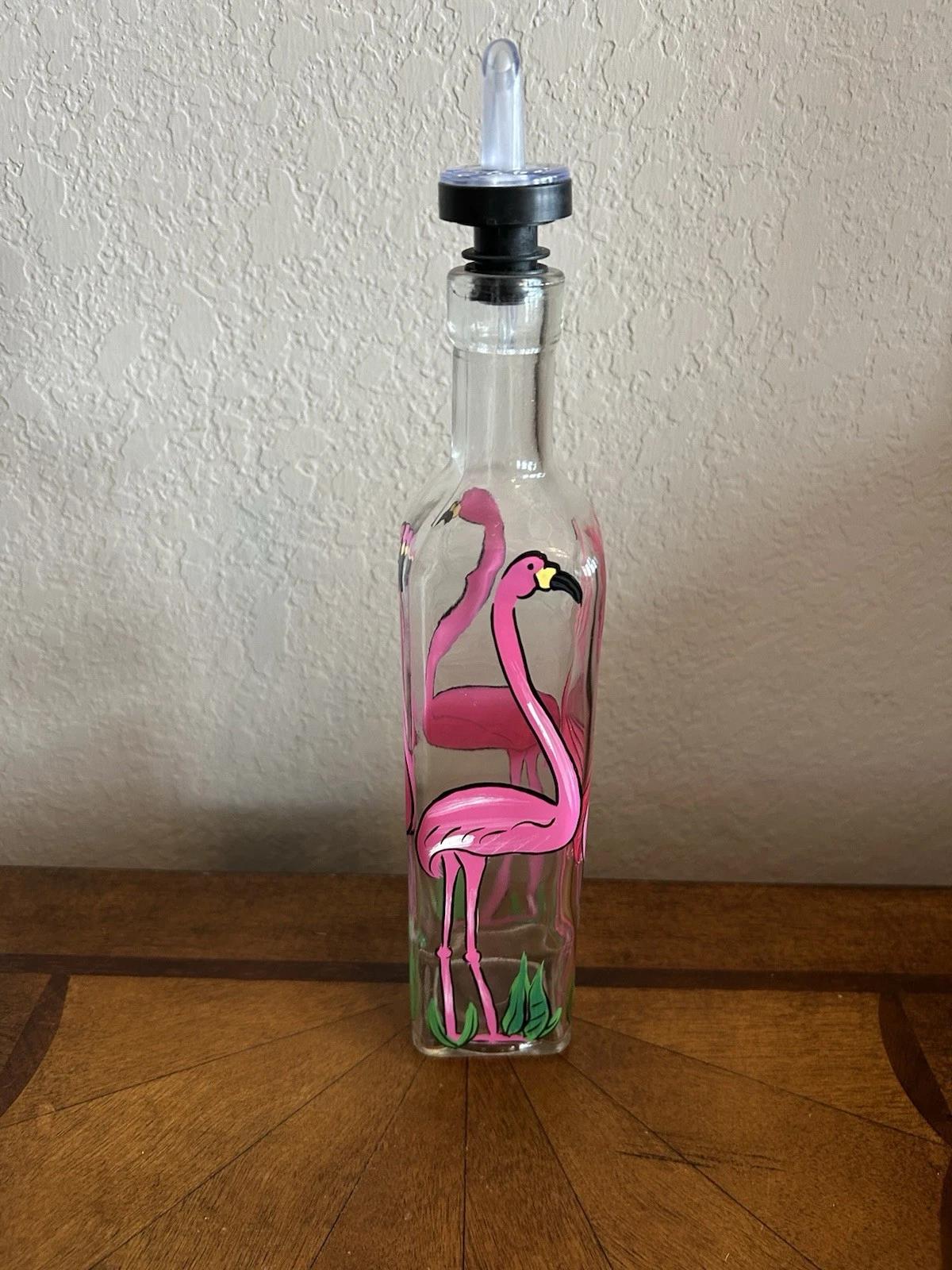 Hand Painted Oil Dispenser Bottle With Bright Pink Flamingo Design 12.5”