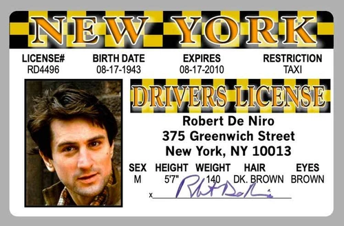 Robert De Niro Taxi Driver Movie Novelty License ID Card Goodfellas The Irishman