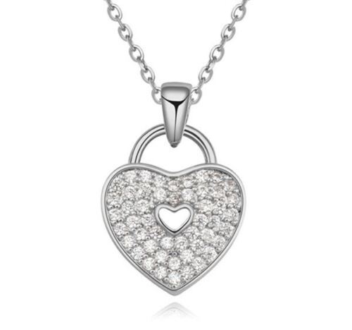 Locked Love Heart Necklace Pendant Crystal Stones Silver UK Stock Quick Dispatch - Picture 1 of 3