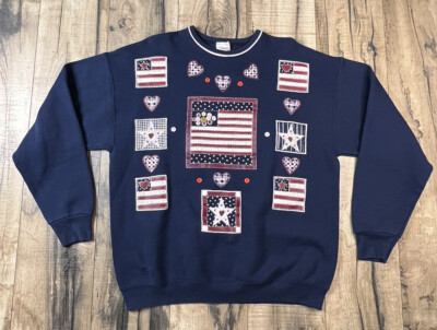 VTG Sweatshirt Womens Artisan USA Made 90s Grandma Hand Painted Flags Hearts .