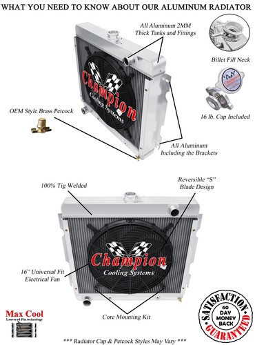 2 Row RS Champion Radiator W/ 16" Fan for 1970 - 1972 Plymouth Valiant Big Block - Picture 5 of 9
