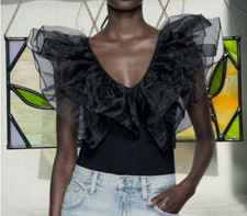 NWT ZARA RUFFLED ORGANZA RIB BLACK BODYSUIT sz M