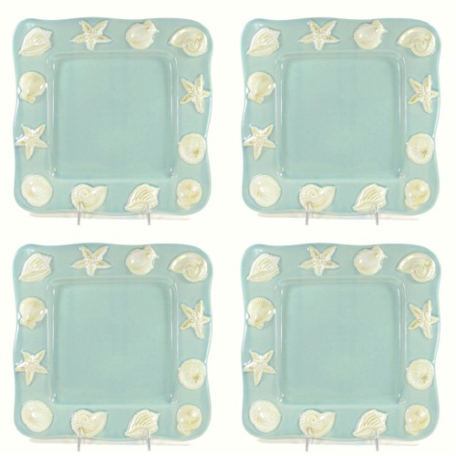 Home Studio SHORELINE 11" Square Dinner Plate Set 4 Ocean Blue Aqua Sand Shells - Picture 13 of 13