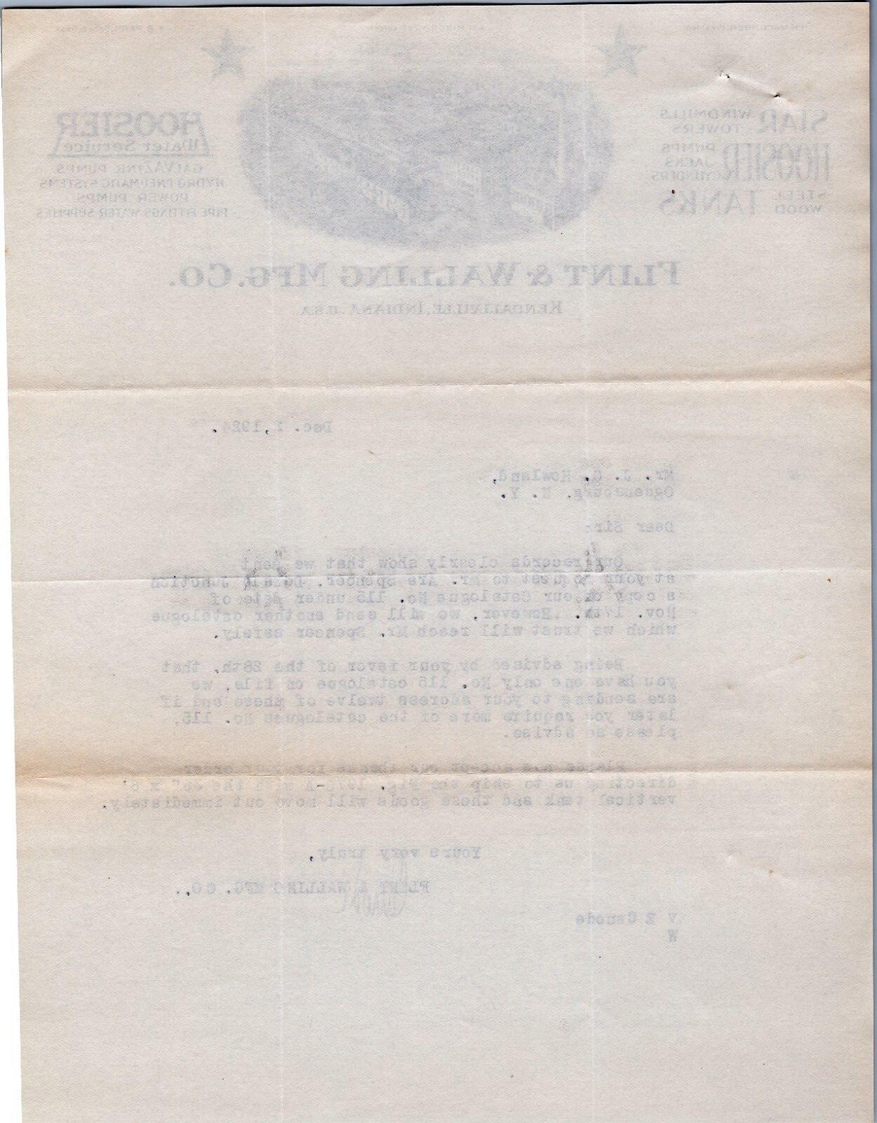 1924 Flint Walling Mfg. Letterhead Kendallville IN Galvazink Pumps
