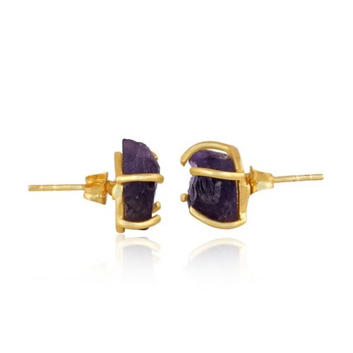 Natural Raw Amethyst Yellow Gold Plated Stud Earring Healing Gift For Birthday - Picture 3 of 7