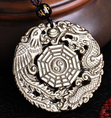 Natural Gold Obsidian Carved Dragon Phoenix BaGua Lucky Amulet Pendant Necklace - Picture 3 of 4