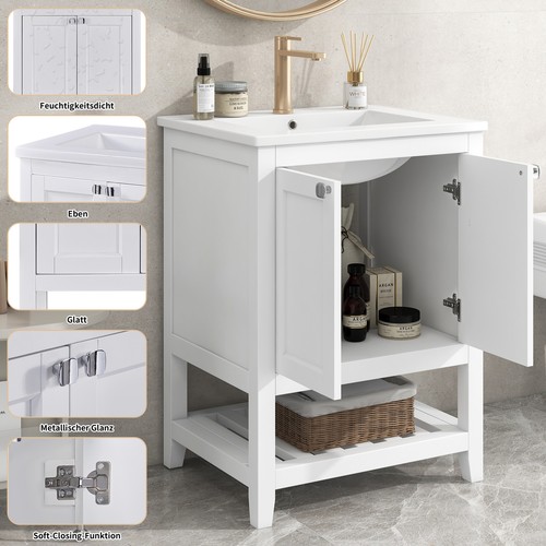 60 cm Waschbecken mit Unterschrank, Badmöbel Set Freistehend Keramik Waschtisch - Bild 9 von 16