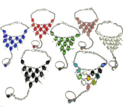 Teardrop Cat's Eye Multi Glass Bead Silver Metal Chain Link Harem Bracelet Ring