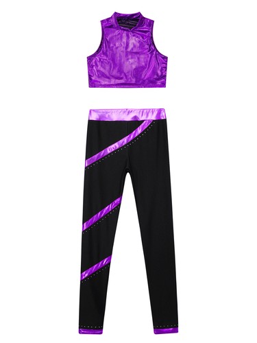 Kids Girls Suit Gymnastics Set Sleeveless Outfit 2 Pcs Dancewear Workout Tops - Picture 30 of 48