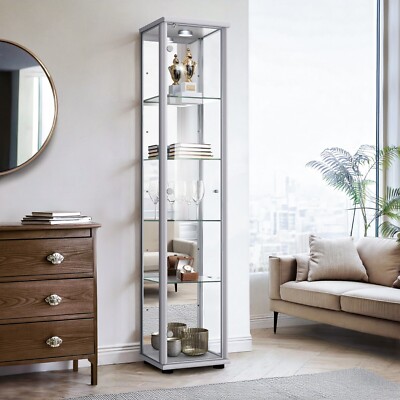 K-Möbel Glasvitrine mit Spiegel, LED & Schloss (176x37x33 cm) Regal Schrank Glas