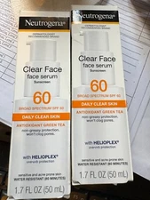 2 Neutrogena Clear Face Serum Sunscreen Green Tea ANTIOXIDANT SPF 60, EXP 12.27