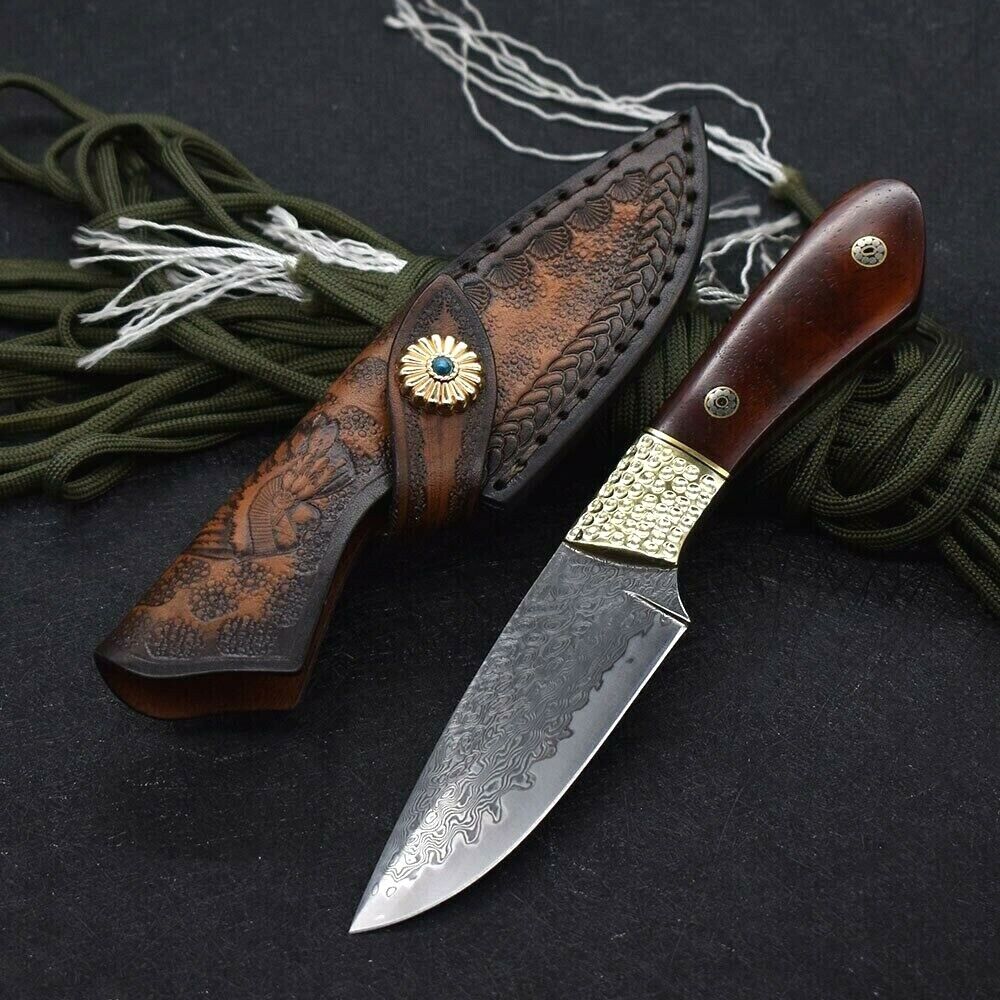 Drop Point Knife Fixed Blade Hunting Tactical Combat Damascus Steel Wood Handle