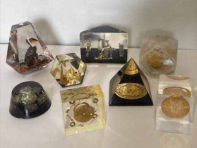 8 Vintage Acrylic Paperweight Suspended in time LOT Pumping Jack Oil Watch Gold