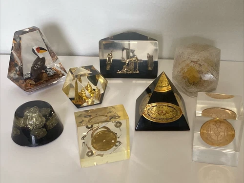 8 Vintage Acrylic Paperweight Suspended in time LOT Pumping Jack Oil Watch Gold