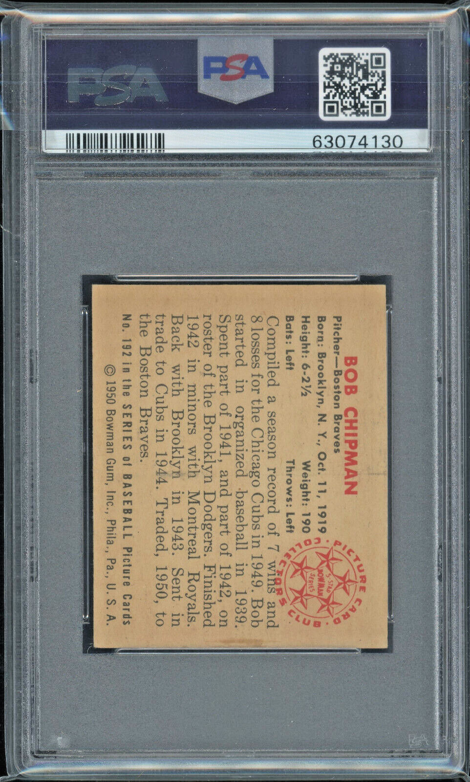 1950 Bowman #192 Bob Chipman PSA 6 Boston Braves Vintage Baseball Card view 2