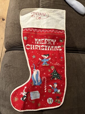 Vintage 1960s Disney Christmas stocking 15'' x 10'' Mickey Alice Sword Stone Goofy