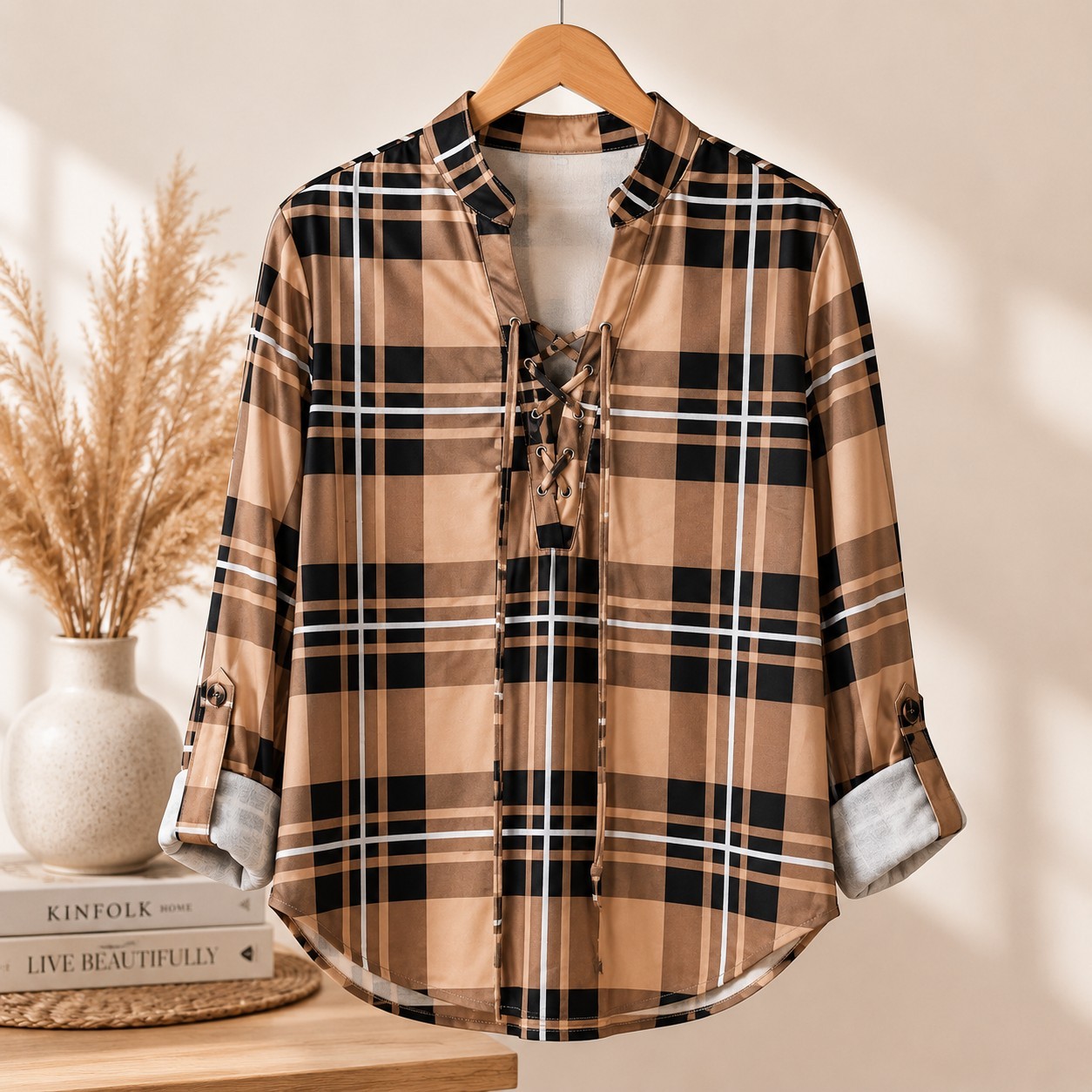 Women's Plaid Lace Up Blouse Long Sleeve Roll Tab Casual Tunic Top Size M