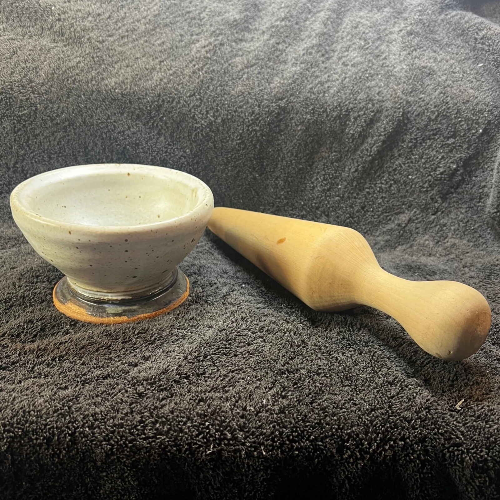 Amanda Ruth Studio Pottery Mortar and Pestle Set Ceramic Wood 1985 Signed