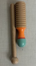 Vintage Wooden Rhythm Sticks Pair Ridged Scraper Orange Teal Handle Percussion