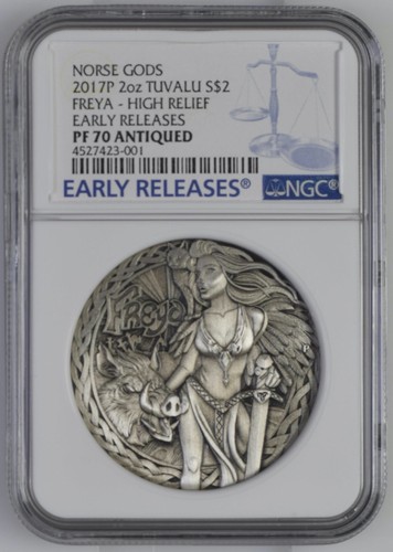 NORSE GODS FREYA 2017 2oz SILVER COIN $2 HIGH RELIEF NGC PF 70 ER ANTIQUED
