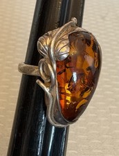 Vintage Sterling Silver Genuine Baltic Amber Ring 925 Leaf Setting size 5.75
