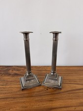 Pair Of Silver Plated, Corinthian Column Candlesticks. Neoclassical Vintage.