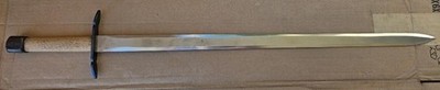 Hand and a half medieval sword, very sturdily built, dull edges, black sheath
