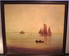 Vintage Seascape Tonalist Oil Painting Long Island Sound Sunset Sailboats Signed