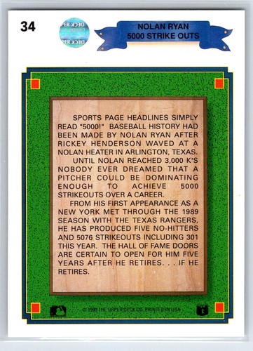 1990 Upper Deck Nolan Ryan Texas Rangers ~5000 Strikeouts~ HOF #34 - Picture 2 of 2
