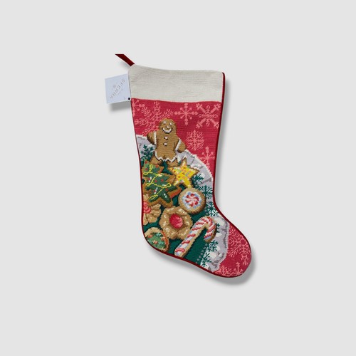 Sferra Red Retro Cookies Gingerbread Man Wool Needlepoint Christmas Stocking