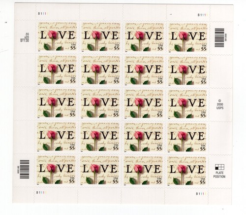 2001 55 cent Love Flower full Sheet of 20 Scott #3499, Mint NH