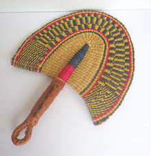 Vintage Handwoven African Grass / Raffia Hand Fan w/ Leather Wrapped Handle 16"