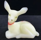 Fenton  Custard Satin Uranium Glass Fawn Deer Pinecones/Ribbon Figurine Signed