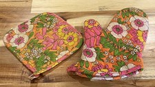 Vintage Retro Flower Power Oven Mit & Pot Holder Bright Pink,Orange & Green READ